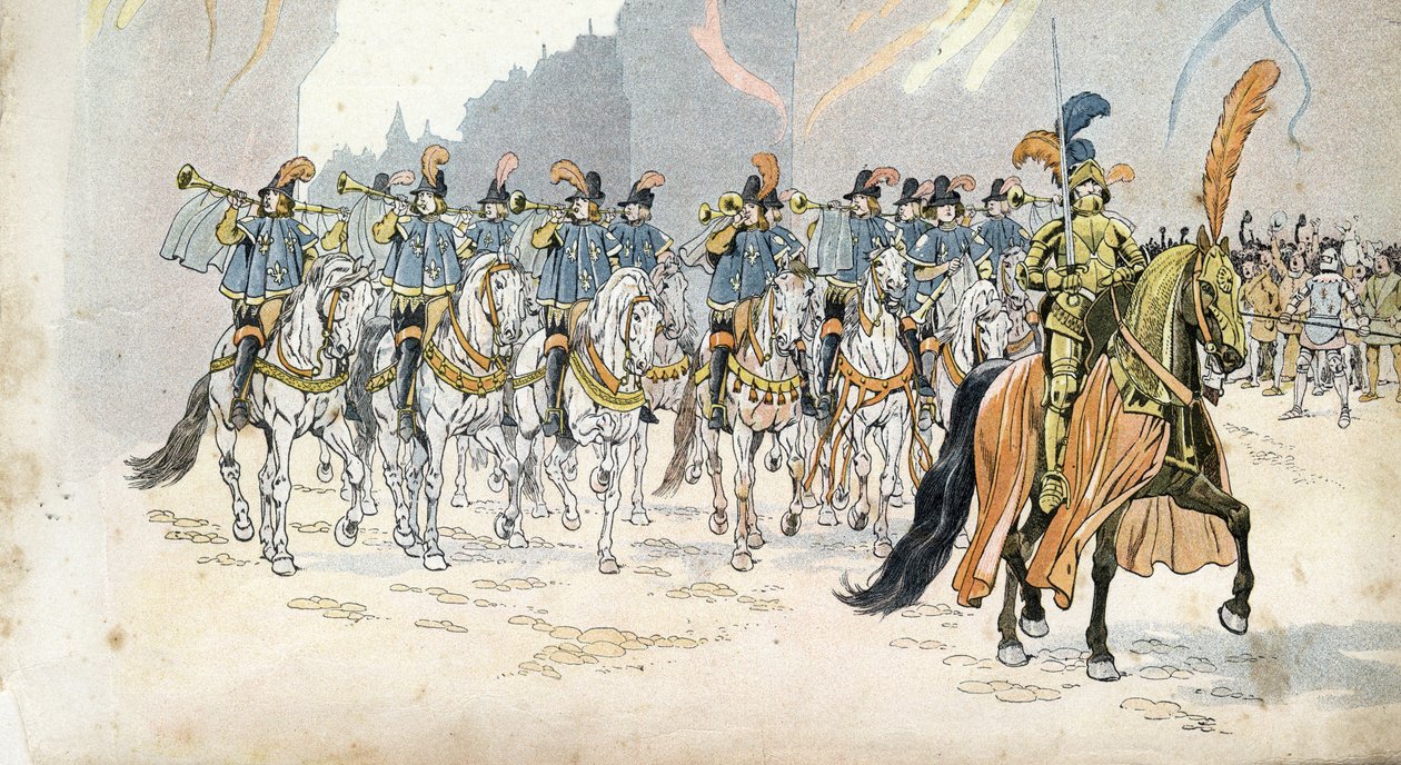 Entrada do Rei Carlos VI (1368-1422) em Paris acompanha trinta trombetas. em "France, his story told by G. Montorgueil, imagee by Job" 1896. Coleção particular. de pseudonym for Onfray de Breville Jacques Job