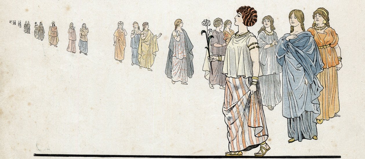 Femmes des "free men" (cidadãos livres) usando seus vestidos grampeados no ombro e jóias pesadas nos braços. in "France, his story told by G. Montorgueil, imagee by Job" 1896. Coleção privada. de pseudonym for Onfray de Breville Jacques Job