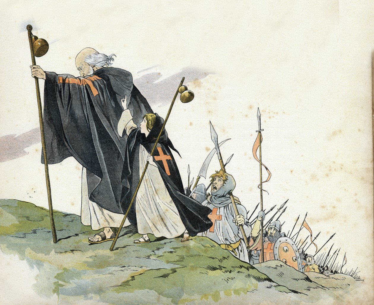 Primeira Cruzada: Pedro, o Eremita (1050-1115) leva a Cruzada ao grito de "Deus quer"! . Ele veste um casaco, ataca com uma cruz e segura um rabo de pelerim. Uma menina que simboliza a França a acompanha. em "França, a sua história contada por G. Montor de pseudonym for Onfray de Breville Jacques Job
