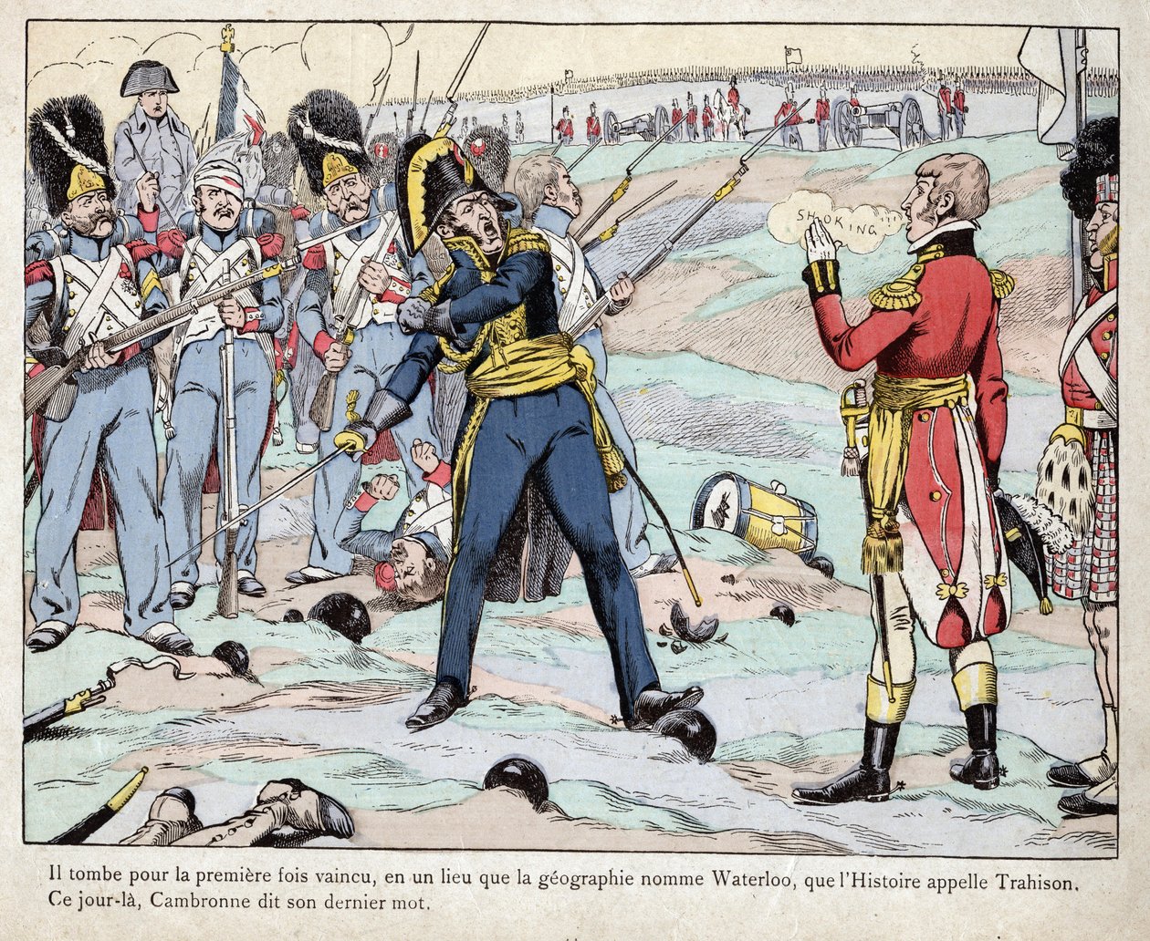 Primeiro Império: representação do General Pierre Cambronne (1770-1842) pronunciando "O guarda morre mas não se rende" na Batalha de Waterloo de pseudonym for Onfray de Breville Jacques Job