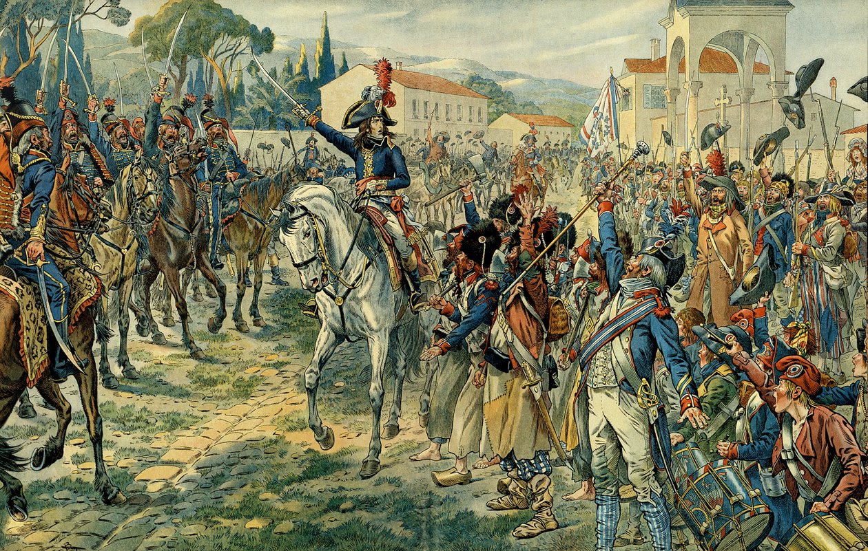 Primeira campanha italiana (1796-1797): Napoleão I Bonaparte (1769-1821) reviu o exército da Itália em Nice a 27 de Março de 1796. Ilustração de Jacques Marie Gaston Onfray de Breville dit JOB (1858-1931). Coleção Particular de pseudonym for Onfray de Breville Jacques Job