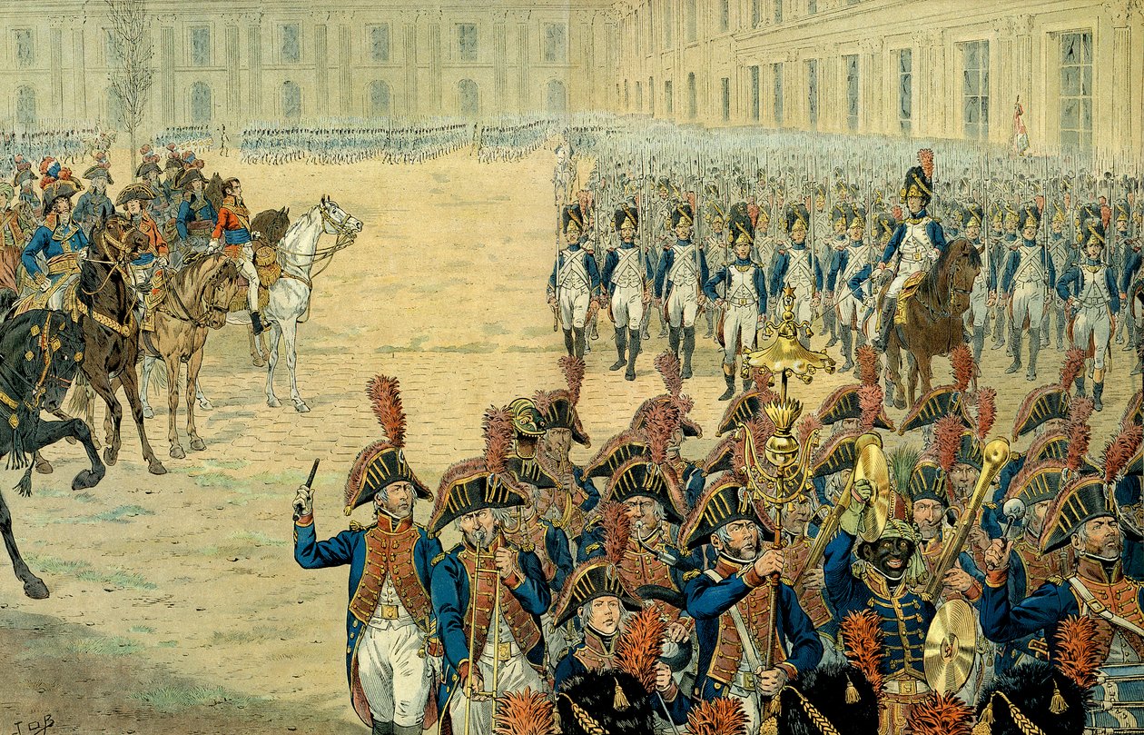 Primeira revisão da guarda consular no pátio das Tuileries por Napoleão I Bonaparte (1769-1821). Após a adoção da Constituição em 1800, o governo deixou o Peer-Luxemburgo para se estabelecer nas Tuileries. No dia da sua instalação, a Fi de pseudonym for Onfray de Breville Jacques Job