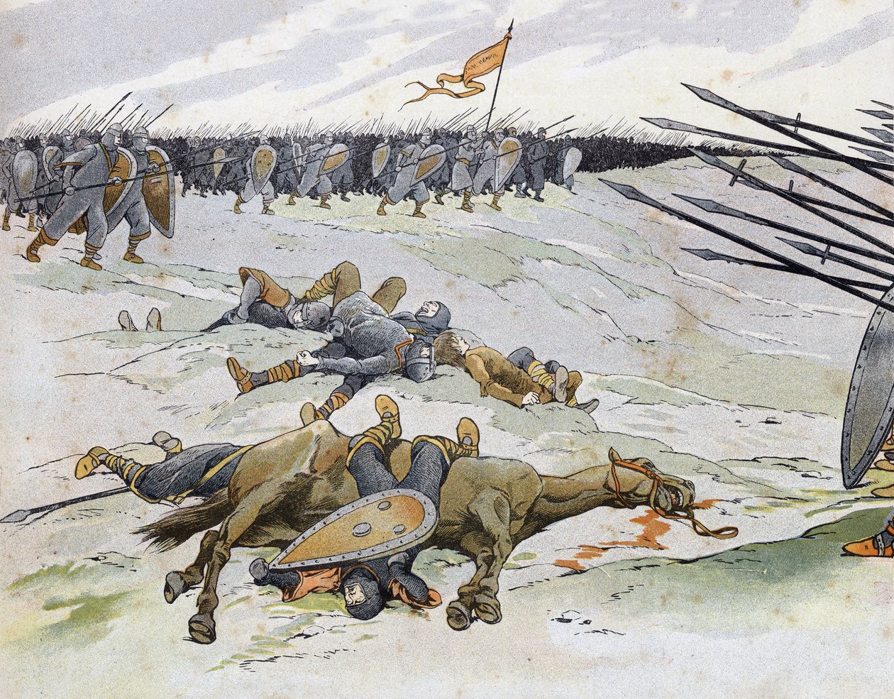 Guerra Franco-Inglesa (1202-1214): soldados que morreram na Batalha de Bouvines em 27/07/1214 que se opôs ao exército francês de Philippe Auguste aos flamengos e galeses de Othon IV. in "France, its story told by G. Montorgueil, imagee by Job" 1896. Co de pseudonym for Onfray de Breville Jacques Job