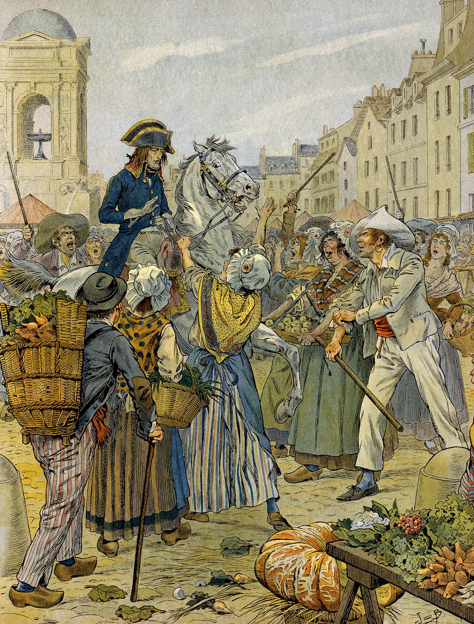 Revolução Francesa 1789: Napoleão I Bonaparte (1769-1821) tomou partido pela população revolucionária e sem cuecas (sem calcinha) em Les Halles. Ilustração de Jacques Marie Gaston Onfray de Breville dit JOB (1858-1931). Coleção Particular de pseudonym for Onfray de Breville Jacques Job