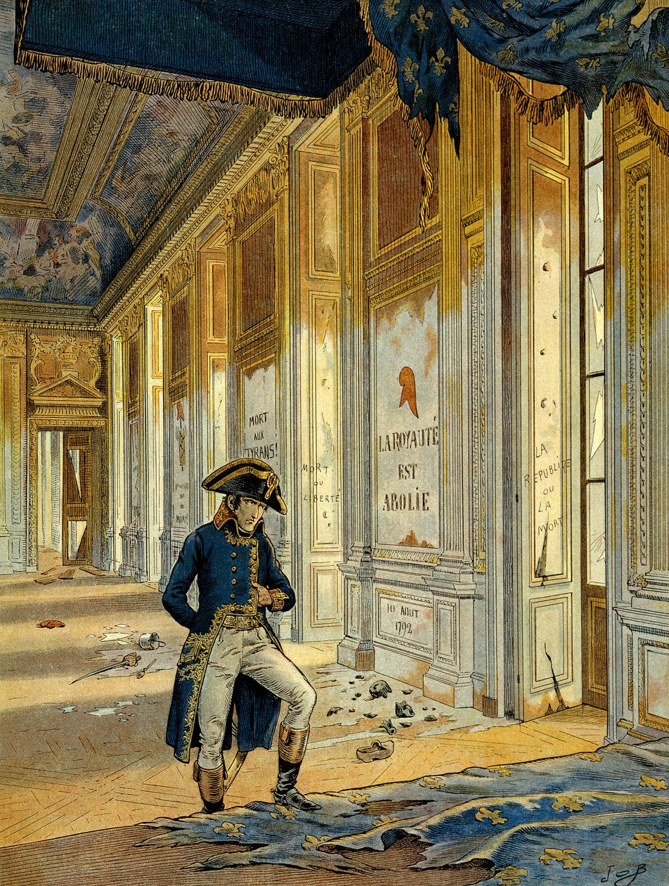 Revolução Francesa de 1789: Napoleão I Bonaparte (1769-1821) na Sala do Trono, no Palácio das Tuileries, após a passagem dos revolucionários que saquearam o local. O muro lê-se: "O reino é abolido." Ilustração de Jacques Marie Gaston Onfray de pseudonym for Onfray de Breville Jacques Job