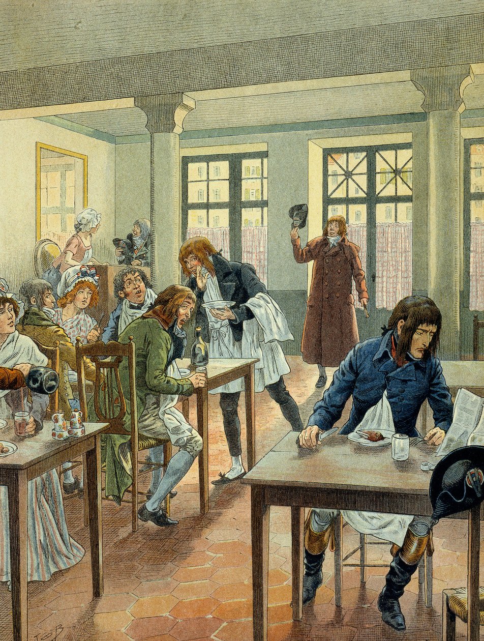 Revolução Francesa de 1789: Napoleão I Bonaparte (1769-1821) jovem na gárgula Justat, da rue des petits peres (Petits-Peres) em Paris, reduzido a um único prato, que pagou por 6 abaixo da porção. Ilustração de Jacques Marie Gaston Onfray de de pseudonym for Onfray de Breville Jacques Job