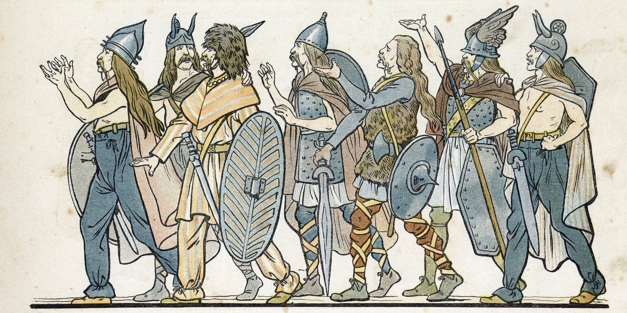 Guerreiros gálicos com seus capacetes, espadas e escudos. em "France, his story told by G. Montorgueil, imagee by Job" 1896. Colecção privada. de pseudonym for Onfray de Breville Jacques Job