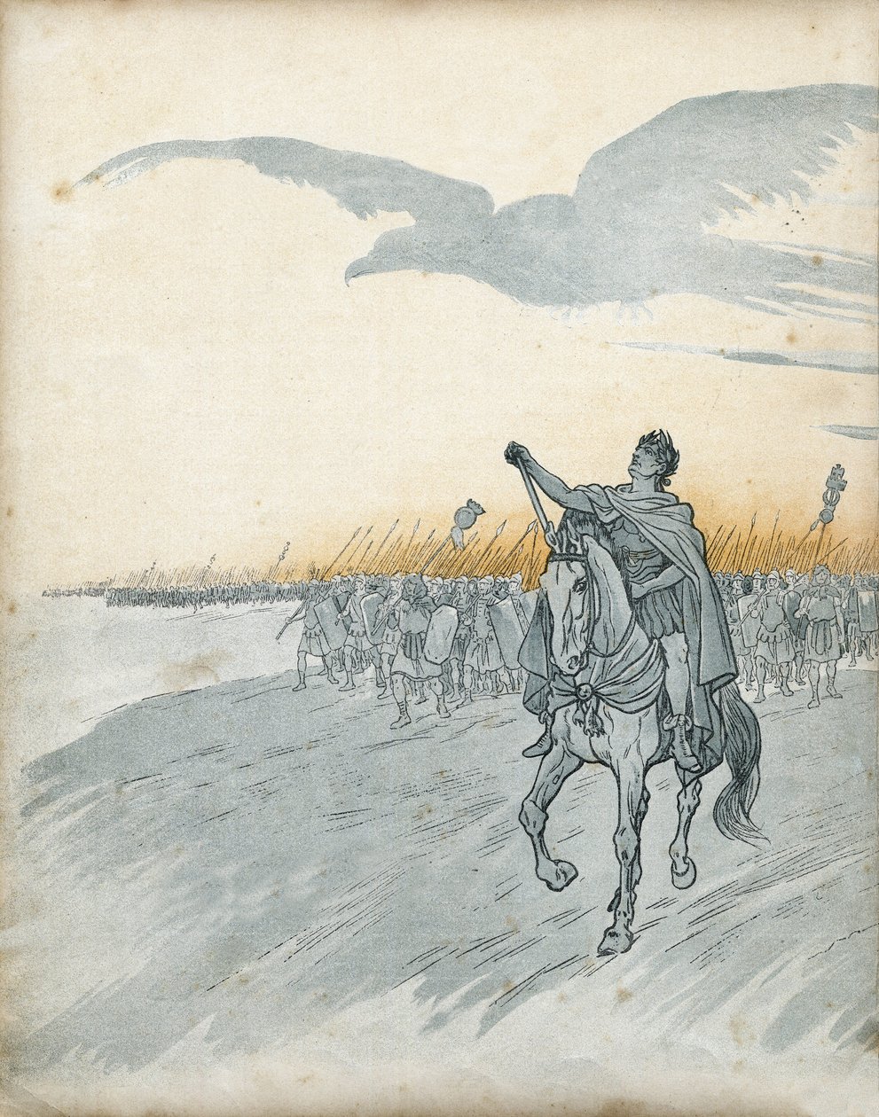 Guerra Gália: Caio Júlio César (então Júlio César) (100-44 AC) e seu exército invadem a Gália. A sombra de uma águia, símbolo do Império Romano, aparece no céu. em "França, sua história contada por G. Montorgueil, imitado por Jó" 1896. Colecção privada. de pseudonym for Onfray de Breville Jacques Job