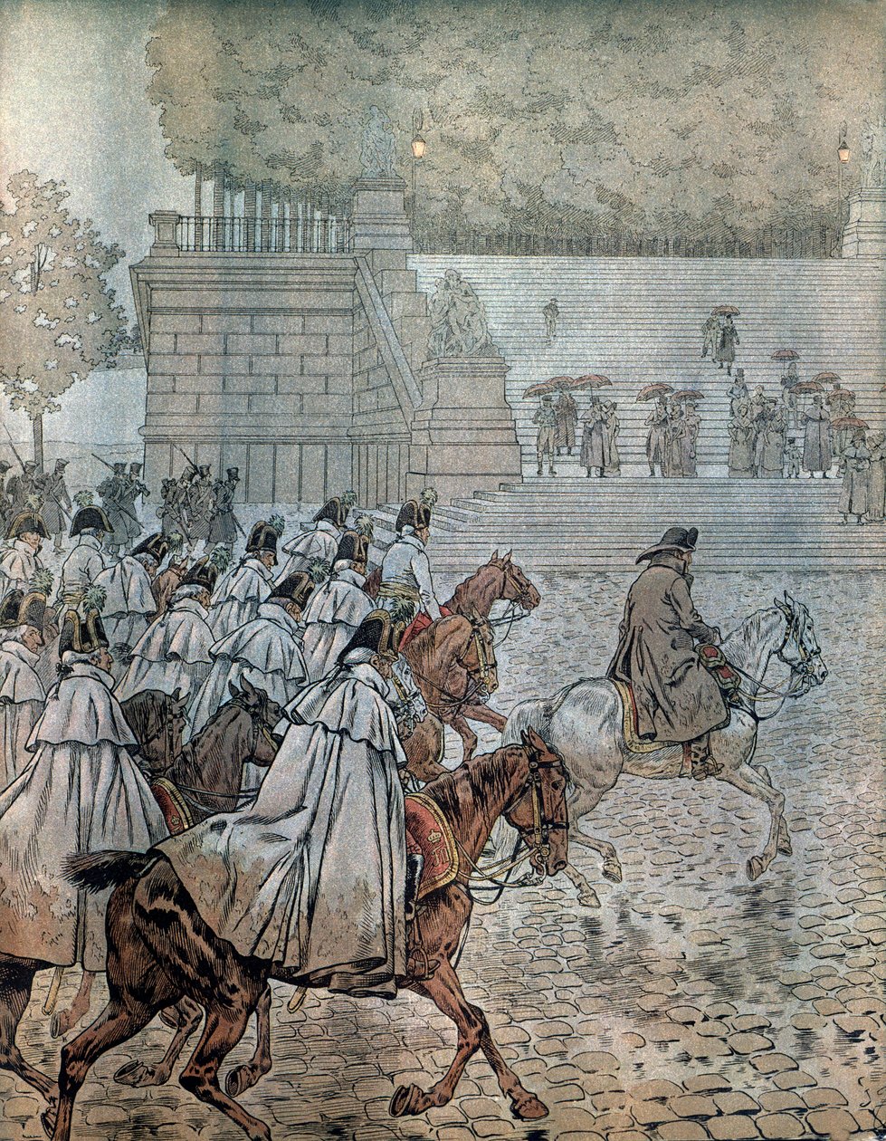 Campanha alemã em 1813: Napoleão I Bonaparte (1769-1821) e seu Estado-Maior voltou a Dresden após vencer a batalha nos dias 26 e 27 de Agosto. Em "Napoleão", de Georges Montorgueil. Ilustração de Jacques Marie Gaston Onfray de Breville dit J de pseudonym for Onfray de Breville Jacques Job