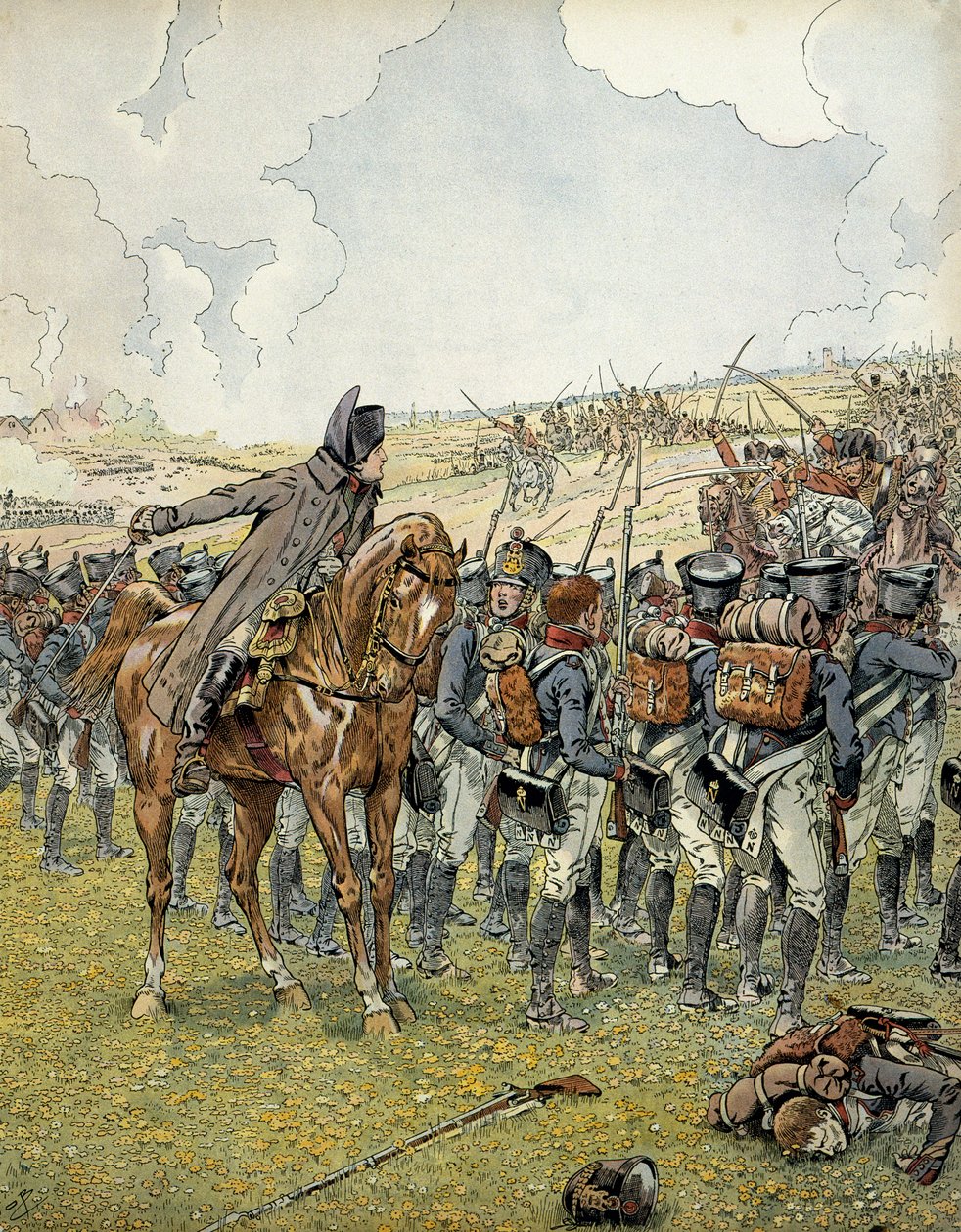 Campanha alemã em 1813: Napoleão I Bonaparte (1769-1821) na Batalha de Lutzen, a 2 de Maio de 1813, comandou o seu exército antes de ganhar a vitória. Em "Napoleão", de Georges Montorgueil. Ilustração de Jacques Marie Gaston Onfray de Breville dit JOB (185 de pseudonym for Onfray de Breville Jacques Job