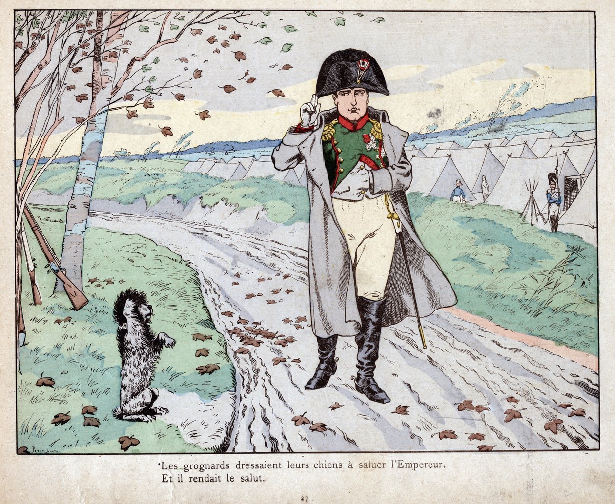 Grognards (Velha Guarda de Napoleão Bonaparte) treinaram seus cães para saudar o Imperador - litografia de Jó (Jacques Onfroy de Breville) de "Le Grand Napoleon des Petites Enfants" 1893 de pseudonym for Onfray de Breville Jacques Job