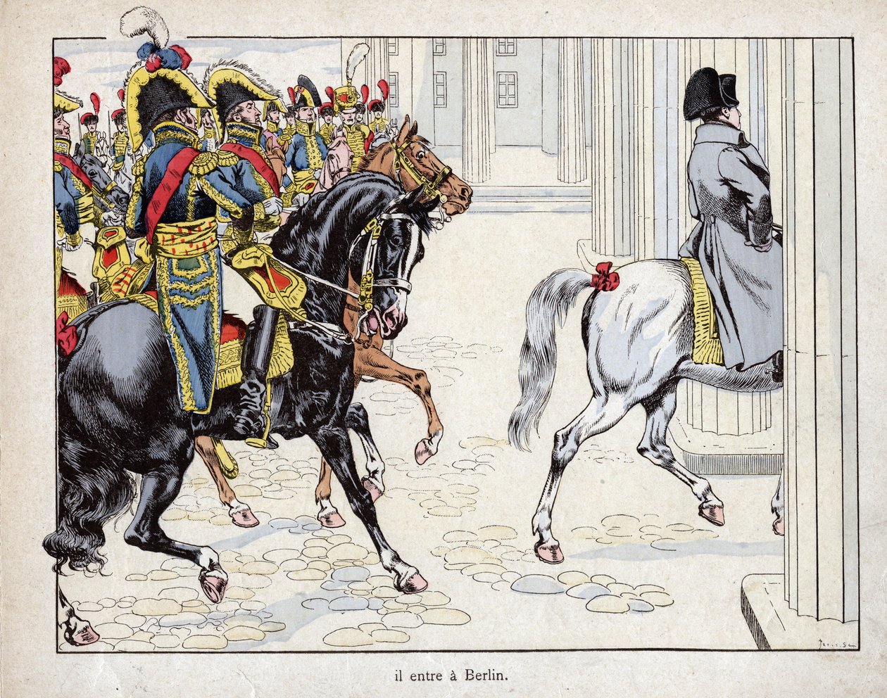 Ele entra em Berlim - as tropas de Napoleão I entram em Berlim - 1806 - litografia de Job (Jacques Onfroy de Breville) de "Le Grand Napoleon des Petites Enfants" 1893 de pseudonym for Onfray de Breville Jacques Job