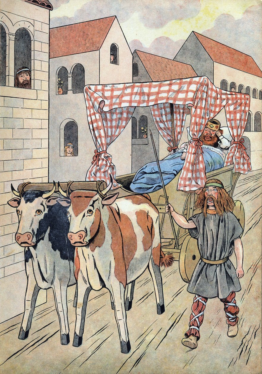 História da França. Cena que retrata reis preguiçosos em brinquedos: Rei da França Thierry III (673-691) transporta num tanque com uma cama puxada por bois. Em "Joujoux a l