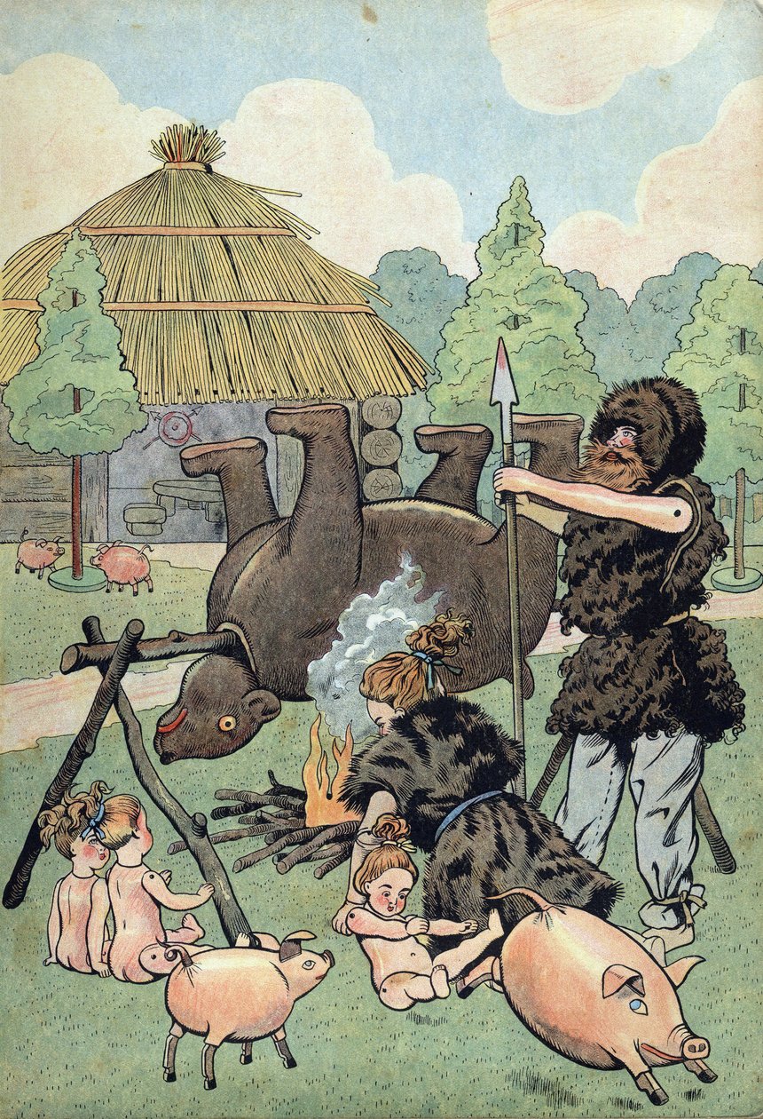História da França. Cena da Gália bárbara com brinquedos: um gaulês e um gaulês vestidos de pele de bétula cozinham um urso para alimentar a família. em "Joujoux à l
