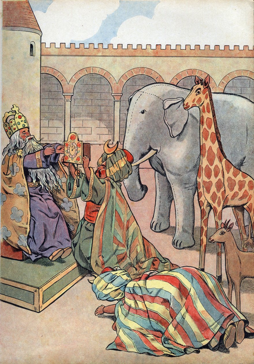História da França. Cena da vida de Carlos Magno nos brinquedos: O califa Haron Al Rashid (Haron-Al-Rachid) dá ao rei da França Carlos Magno (742-814) uma girafa, um elefante e um relógio. Em "Joujoux a l