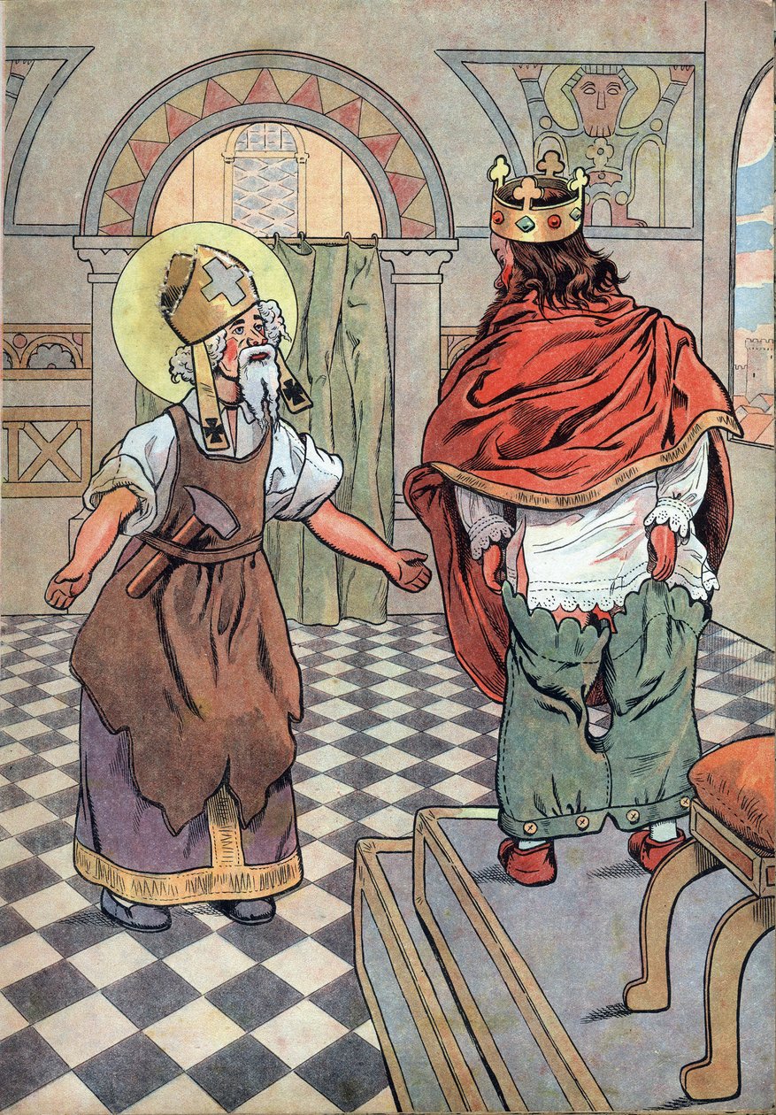 História da França. Cena da vida do rei Dagobert com brinquedos: Santo Eloi (v.588-659) aponta ao Rei de França Dagobert I (602 ou 605-638 ou 639) que as suas calças foram postas de cabeça para baixo (cuecas de baixo para cima). Em "Joujoux a l