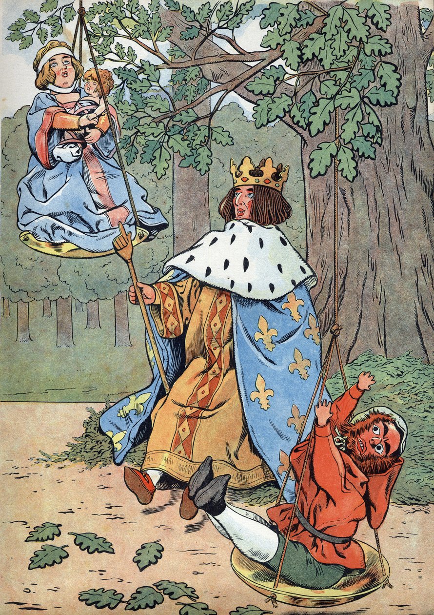 História da França. Cena da vida de Saint Louis nos brinquedos: O Rei Luís IX conhecido como Saint Louis (1214-1270) a fazer justiça aos pés de um carvalho. Em "Joujoux a l