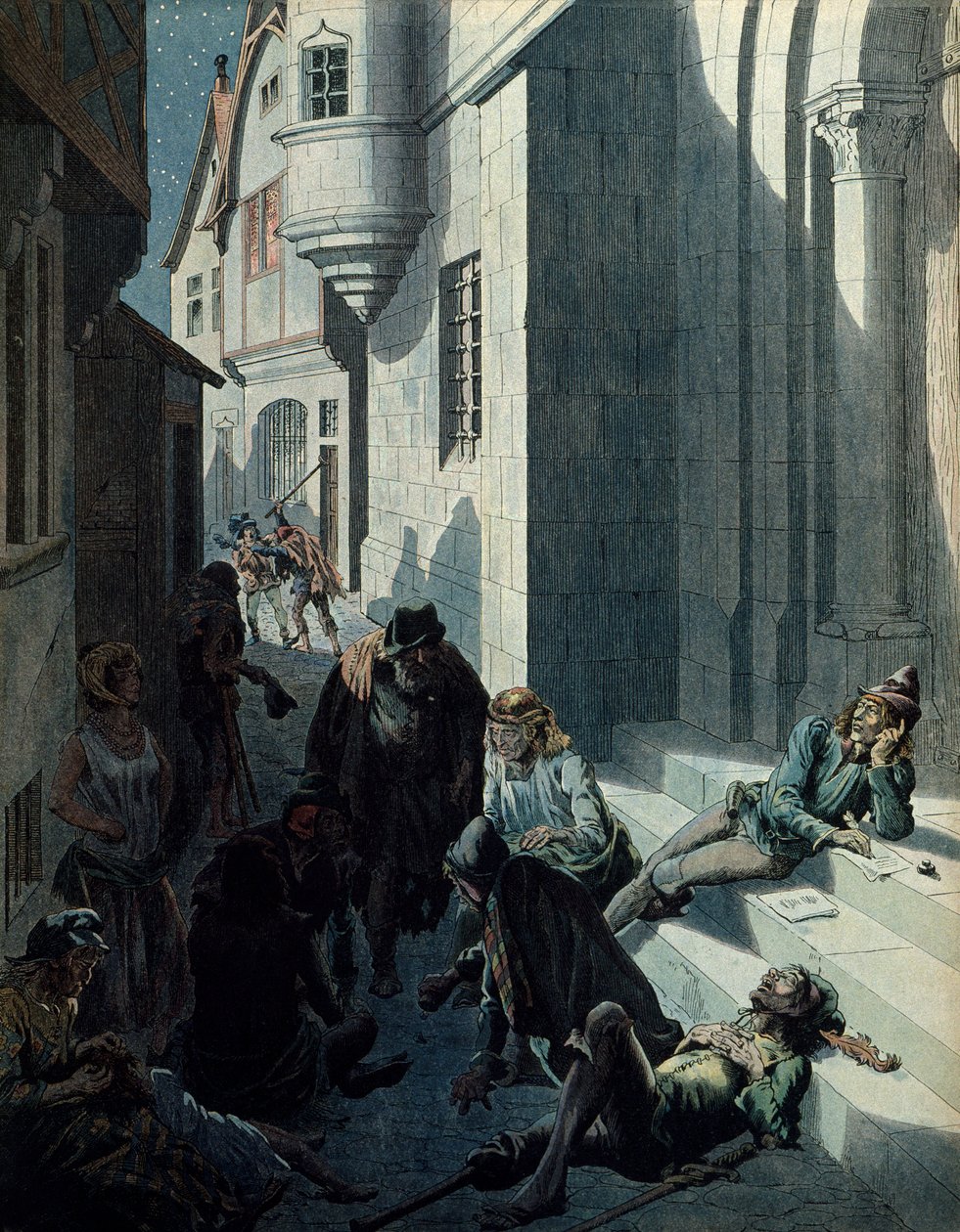 História da França na Idade Média (Idade Média): Francois de Montcorbier conhecido como François Villon (1431-1463?) , poeta, compondo suas obras na miséria das ruas de Paris. Ilustração de Jacques Marie Gaston Onfray de Breville dit JOB (1858-1931) de pseudonym for Onfray de Breville Jacques Job