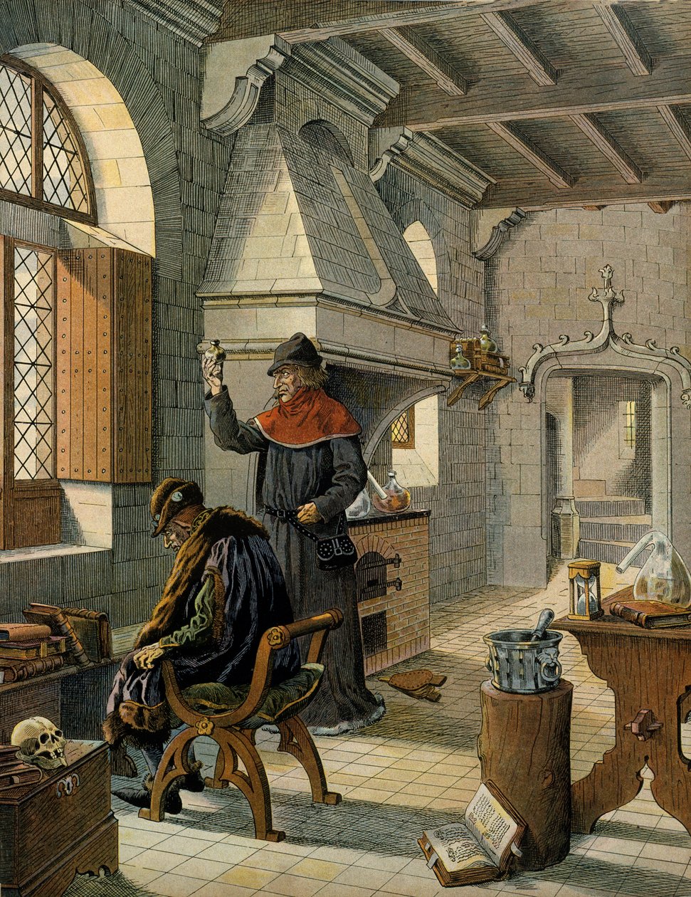 História da França na Idade Média (Idade Média): Jacques Coictier, primeiro médico do Rei da França, Luís XI chamado Prudente (1423-1483), preparando para ele um remédio. Ilustração de Jacques Marie Gaston Onfray de Breville dit JOB (1858-1931) de pseudonym for Onfray de Breville Jacques Job