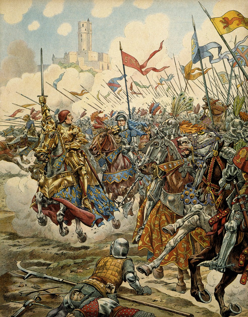 História da França na Idade Média (Idade Média): O rei Luís XI chamado de Prudente (1423-1483) à frente do seu exército durante a batalha de Montlery contra a Ligue du Bien Public, 16 de julho de pseudonym for Onfray de Breville Jacques Job