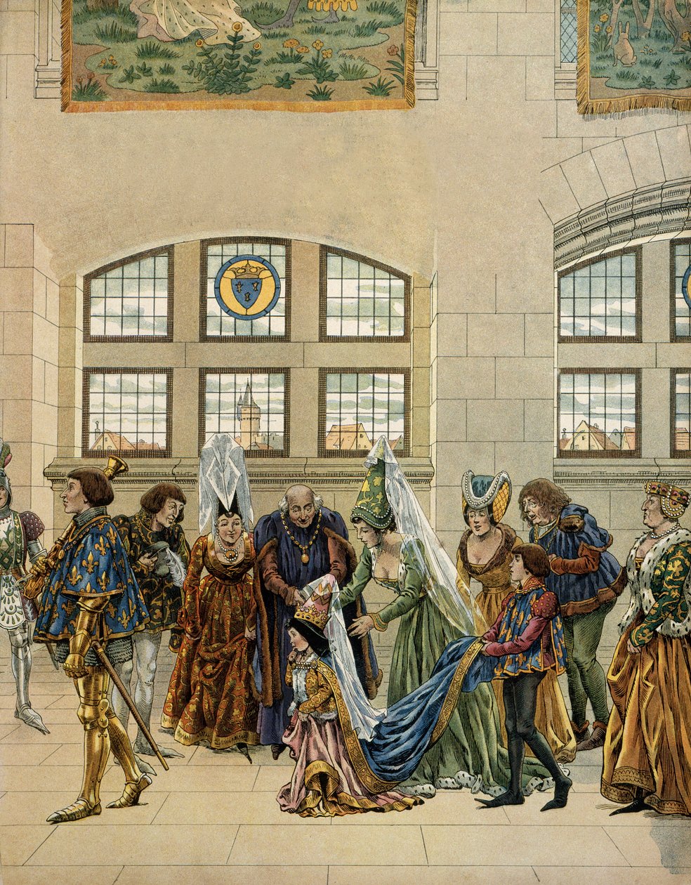 História da França na Idade Média (Idade Média): Marguerite, arquiduquesa da Áustria (1480-1530), filha de Maximiliano de Habsburgo, a pequena noiva do Delfim, entrou na corte da França para estar presente ao golfinho (que se tornou rei da França C de pseudonym for Onfray de Breville Jacques Job