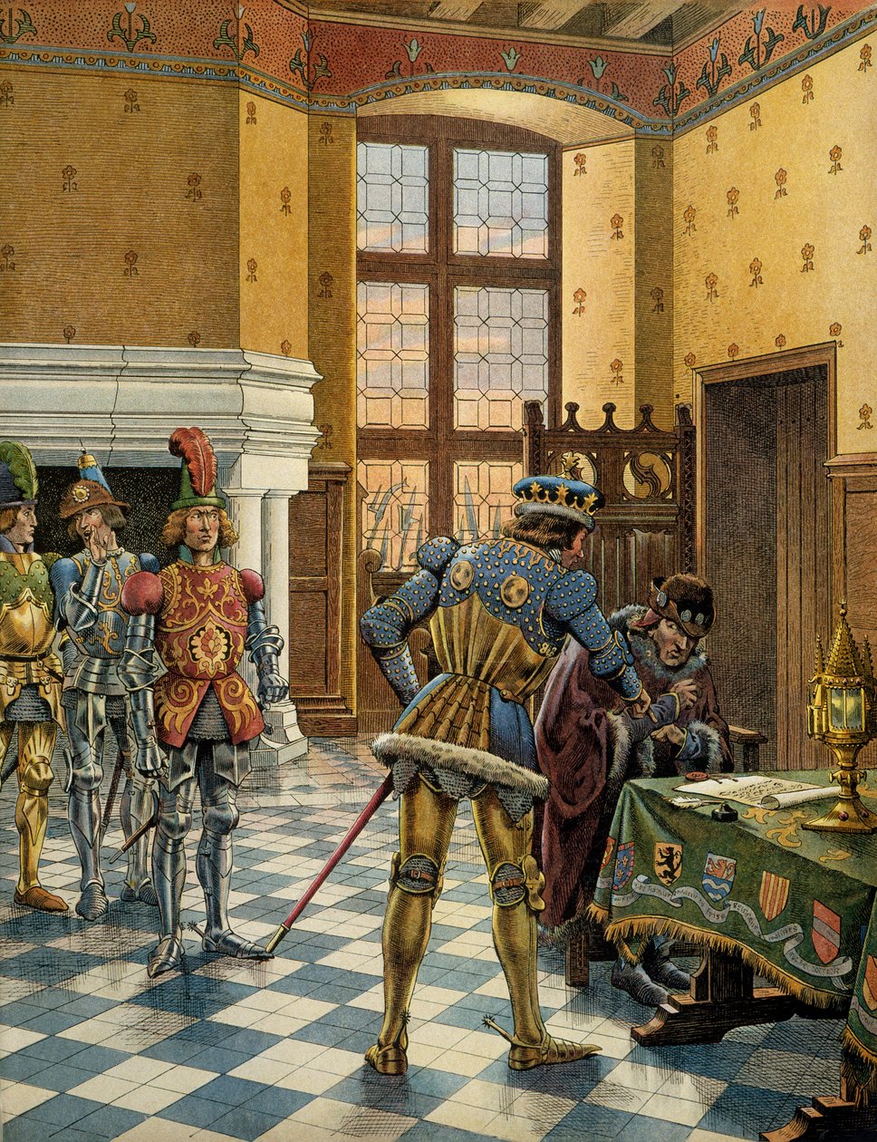 História da França na Idade Média (Idade Média): Entrevista de Peronne, entre 9 e 14 de outubro de 1468, entre o Rei Luís XI disse o Prudente (1423-1483) e Carlos o Temerário (1433-1477) Ilustração de Jacques Marie Gaston Onfray de Breville chamada JO de pseudonym for Onfray de Breville Jacques Job