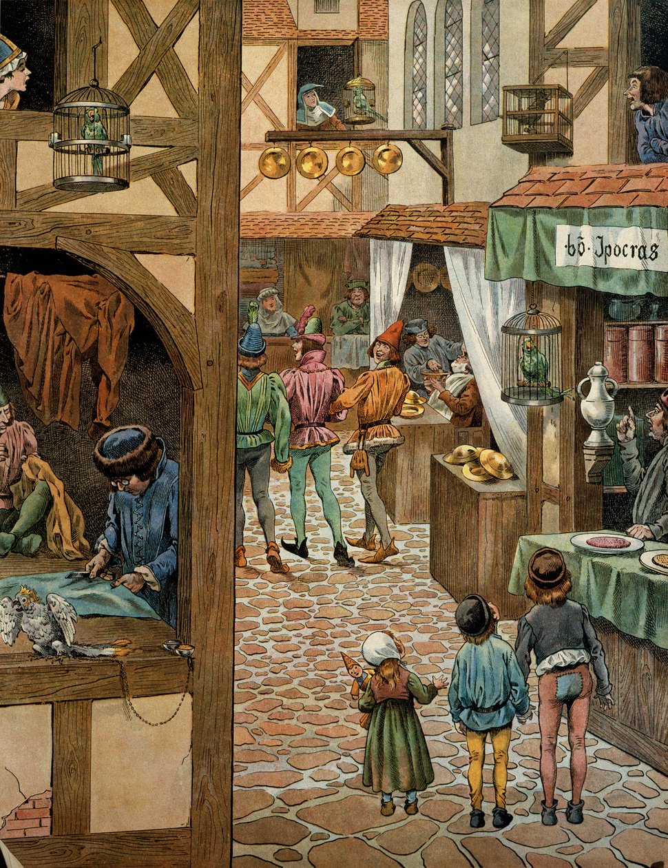 História da França na Idade Média (Idade Média): Rue de Paris depois que o rei Luís XI disse que o Prudente (1423-1483) assinou o comércio de Peronne com Charles Le Temeraire. Os parisienses tinham comprado papagaios dos quais tinham aprendido a dizer Pero de pseudonym for Onfray de Breville Jacques Job