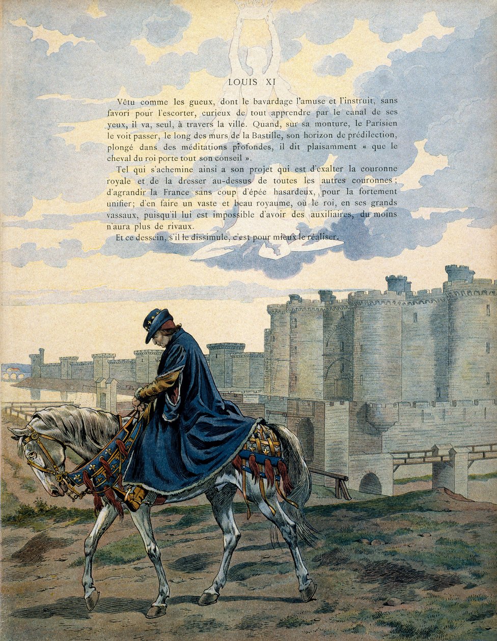 História da França na Idade Média (Idade Média): O Rei da França Luís XI chamado Prudente (1423-1483) caminha pelas ruas de Paris e em frente à prisão da Bastilha sem adornos ou escolta. Ilustração de Jacques Marie Gaston Onfray de pseudonym for Onfray de Breville Jacques Job