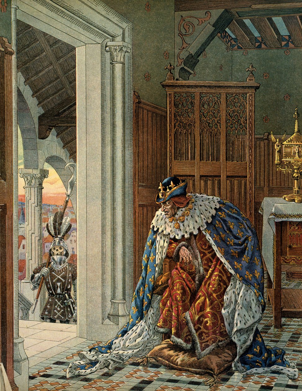 História da França na Idade Média (Idade Média): O Rei da França Luís XI diz que o Prudente (1423-1483) tem medo da morte à porta de casa. Ilustração de Jacques Marie Gaston Onfray de Breville dit JOB (1858-1931) de pseudonym for Onfray de Breville Jacques Job