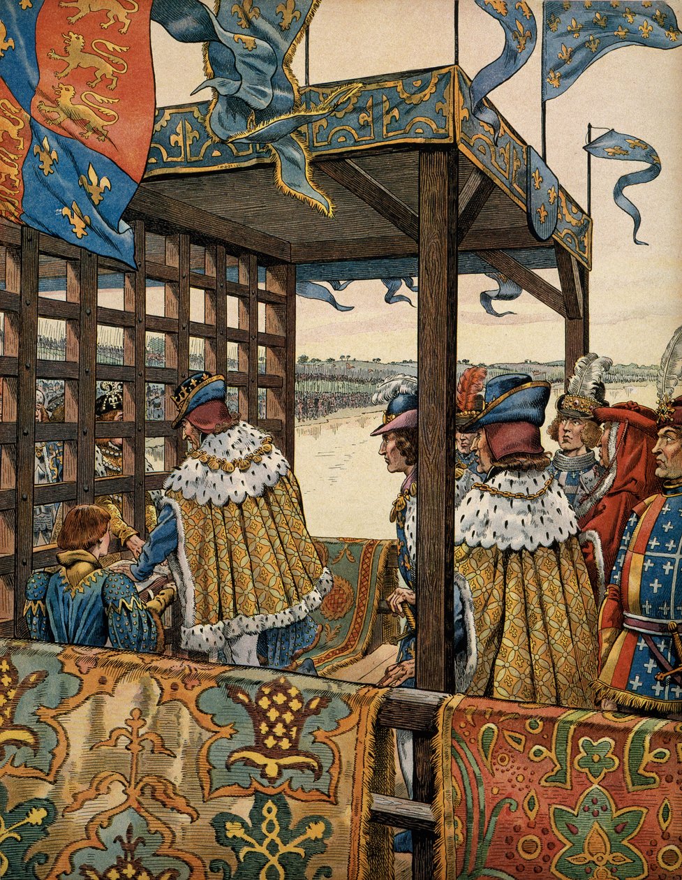História da França na Idade Média: encontro entre o Rei da França Luís XI conhecido como o Prudente (1423-1483) e Eduardo IV da Inglaterra (1442-1483) em Picquigny para a assinatura de uma árvore de sete anos em 29 de agosto de pseudonym for Onfray de Breville Jacques Job