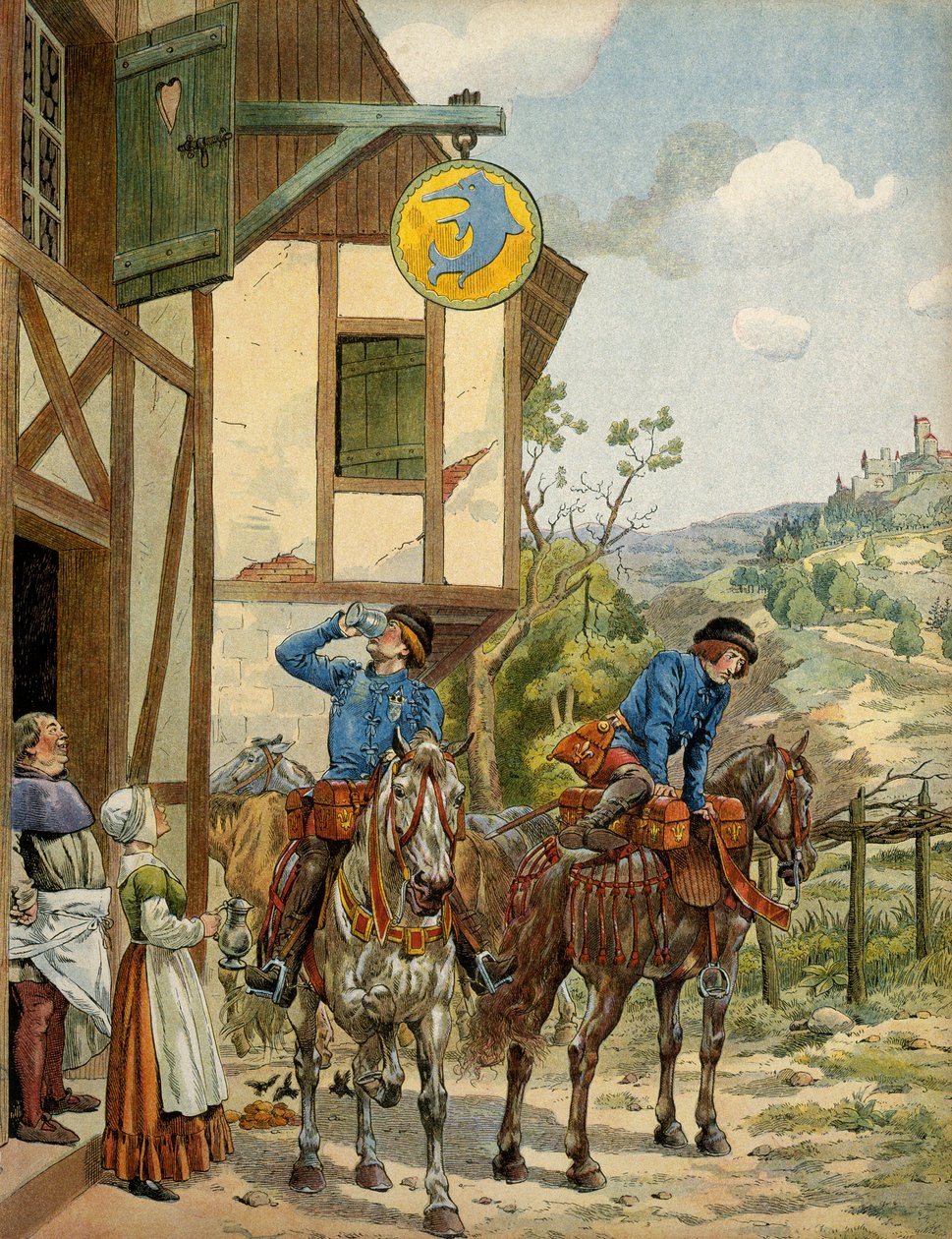 História da França na Idade Média: serviço postal sob o reinado do rei Luís XI chamado Prudente (1423-1483). Estacionamento dos Correios a cavalo numa estalagem. Ilustração de Jacques Marie Gaston Onfray de Breville dit JOB (1858-1931) de pseudonym for Onfray de Breville Jacques Job