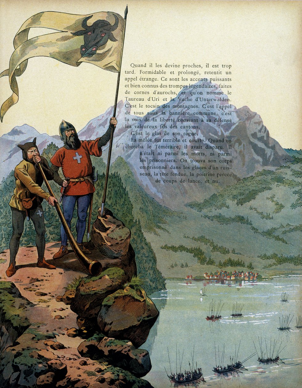 História da França na Idade Média: as tropas de Carlos o Temerário (1433-1477), Duque de Borgonha, entram no país de Vaud, na Suíça. Ilustração de Jacques Marie Gaston Onfray de Breville dit JOB (1858-1931) de pseudonym for Onfray de Breville Jacques Job