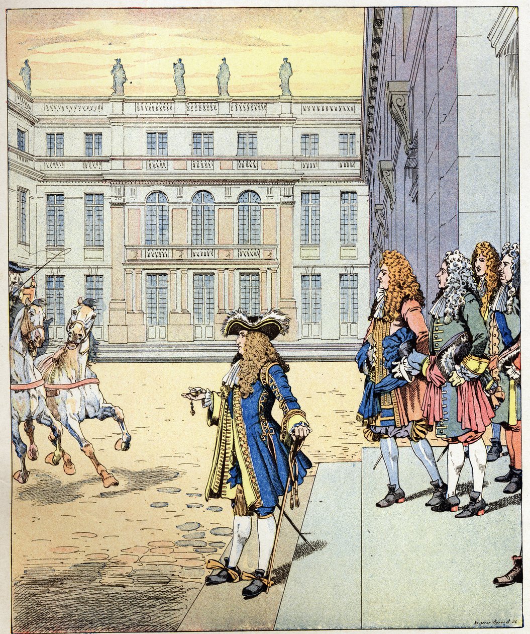 Eu quase esperei! as palavras do rei da França Luís XIV disse o rei Soleil (1638-1715) falado em frente ao castelo de Versalhes quando as suas carrascas chegaram na hora precisa. Ilustração de Jó (Jacques Marie Gaston Onfray e Breville) (Jacques-Marie) de pseudonym for Onfray de Breville Jacques Job