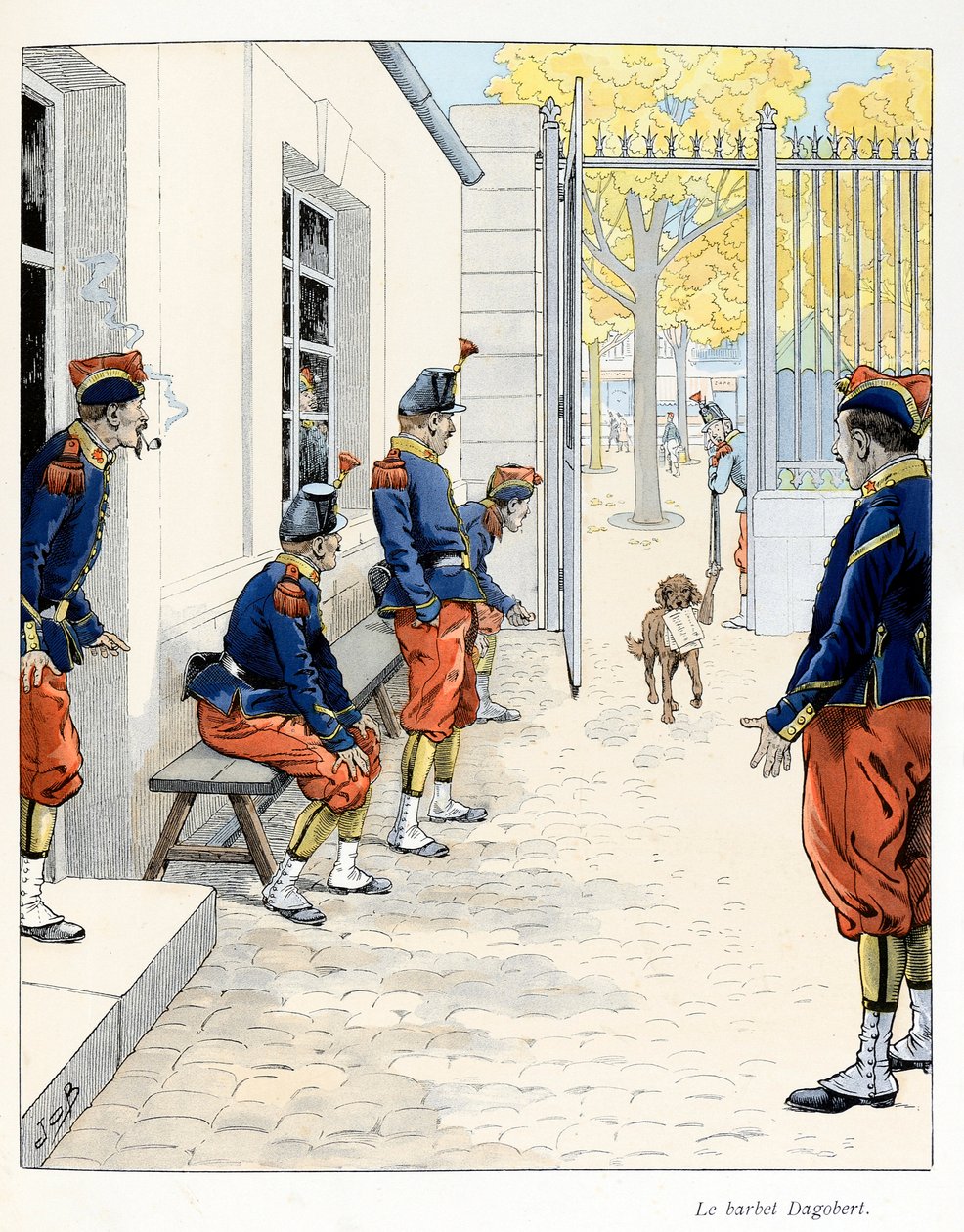 Ilustração extraída do livro "A la gloire des betes" texto de A Fabre, desenhos de Jacques Marie Gaston Onfray de Breville dit JOB (1858-1931), editora Maison Alfred Mame et fils: O Barbet Dagobert (em um quartel em Paris), Coleção Parcial de pseudonym for Onfray de Breville Jacques Job