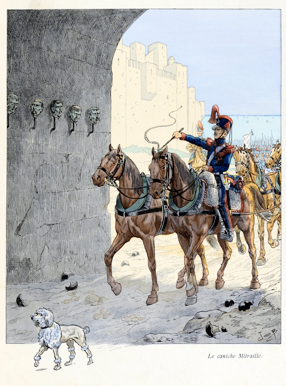 Ilustração do livro "A la gloire des betes" texto de A Fabre, desenhos de Jacques Marie Gaston Onfray de Breville dit JOB (1858-1931), editora Maison Alfred Mame et fils: O caniche Mitraille (caniche simples do 2º regimento de artilharia, ele era o de pseudonym for Onfray de Breville Jacques Job