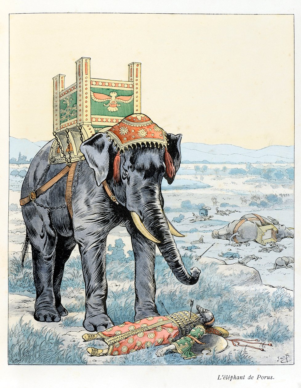 Ilustração do livro "A la gloire des betes" texto de A Fabre, desenhos de Jacques Marie Gaston Onfray de Breville dit JOB (1858-1931), editora Maison Alfred Mame et fils: O elefante de Porus (Na Batalha de Hydaspe em 328 aC Porus derrotado por de pseudonym for Onfray de Breville Jacques Job