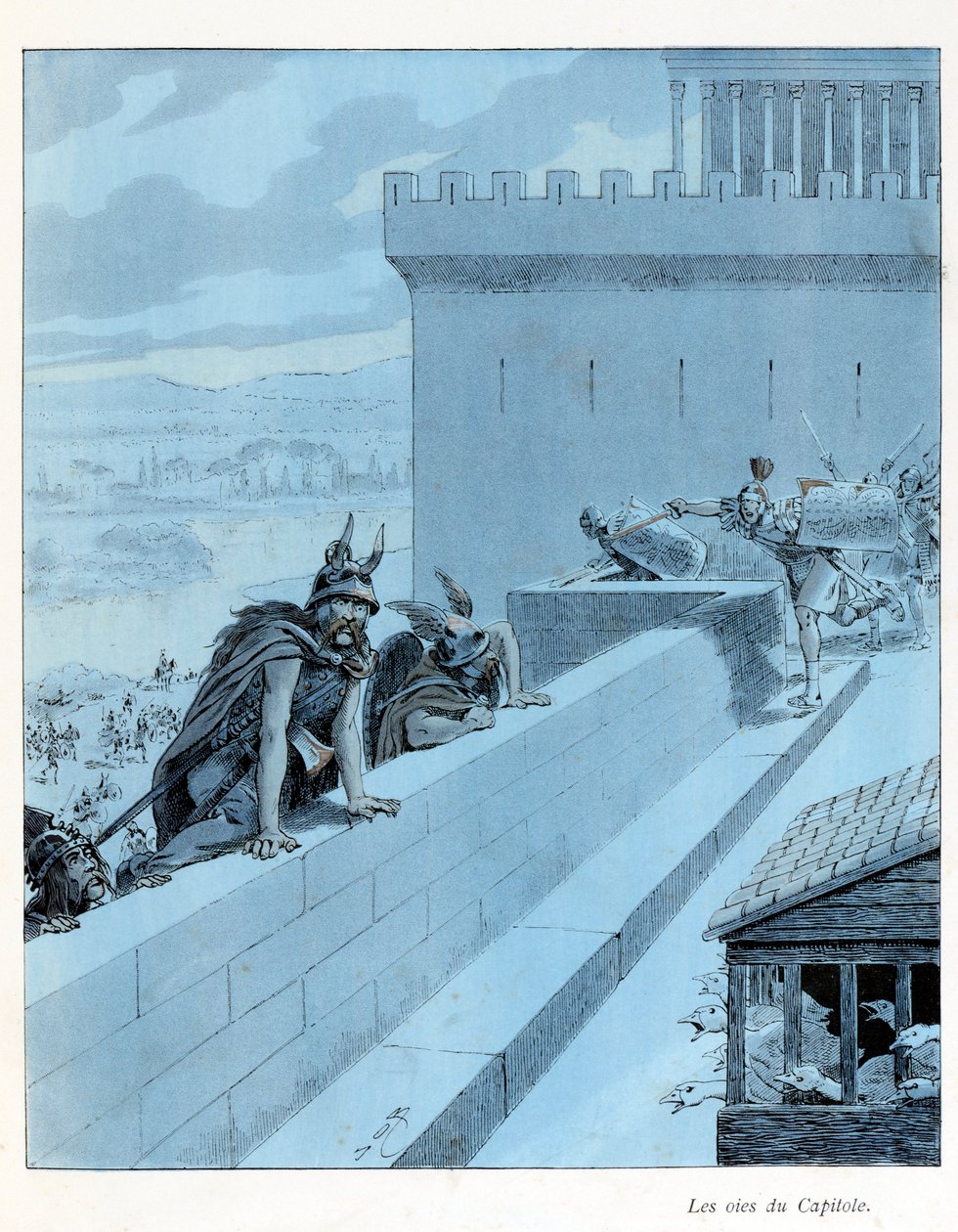 Ilustração do livro "A la gloire des betes" texto de A Fabre, desenhos de Jacques Marie Gaston Onfray de Breville dit JOB (1858-1931), editora Maison Alfred Mame et fils: Les goies du Capitole (890 AC), les Gauls siegent Rome, Collection Partial de pseudonym for Onfray de Breville Jacques Job