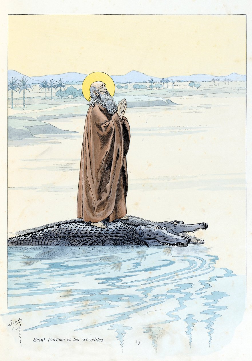 Ilustração do livro "A la gloire des betes" texto de A Fabre, desenhos de Jacques Marie Gaston Onfray de Breville dit JOB (1858-1931), editora Maison Alfred Mame et fils: Saint Pacome (abbe 292-348) e les crocodiles, Coleção Particulier de pseudonym for Onfray de Breville Jacques Job