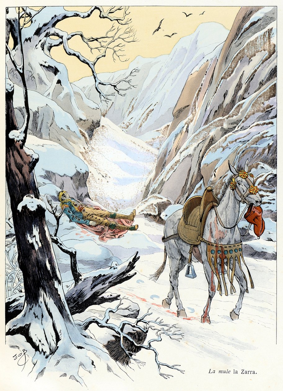 Ilustração do livro "A la gloire des betes" texto de A Fabre, desenhos de Jacques Marie Gaston Onfray de Breville dit JOB (1858-1931), editora Maison Alfred Mame e filho: La mule 