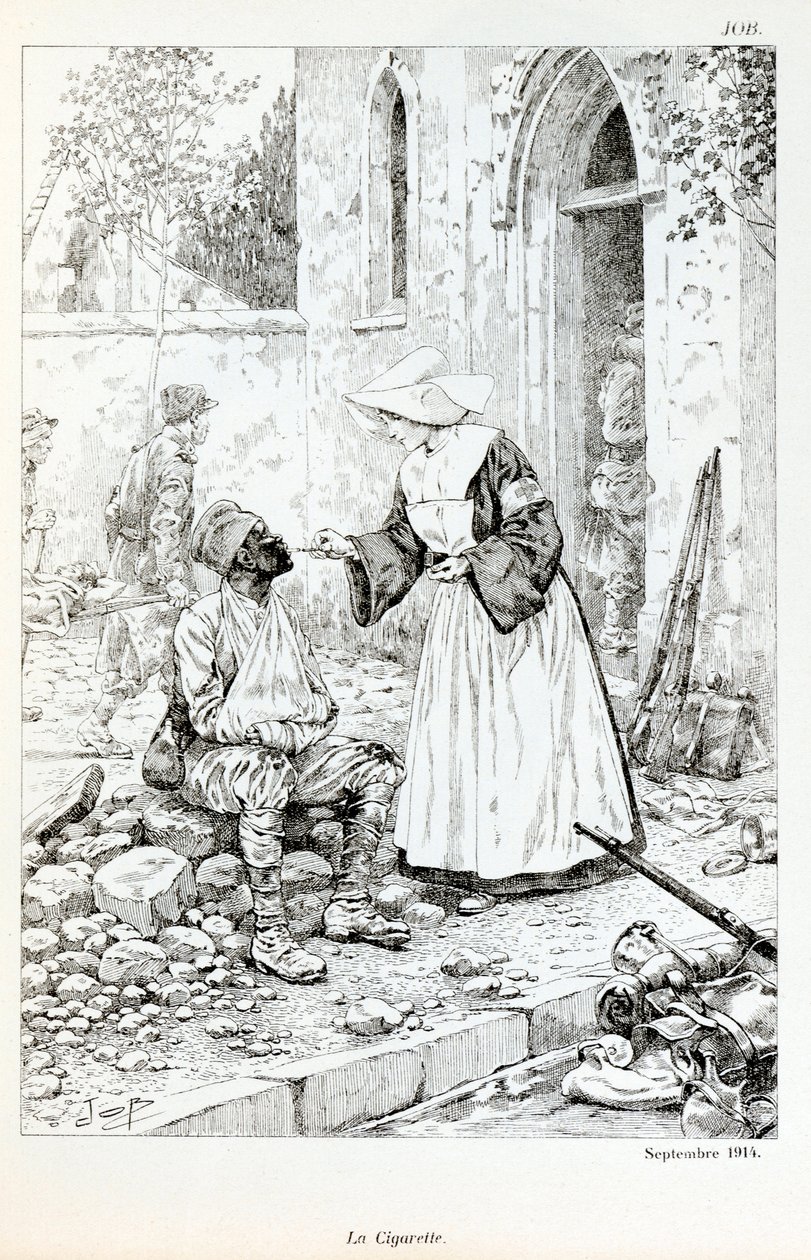 Ilustração do livro "La Grande Guerre par les artistes": "La cigarette septembre 1914" religiosa dando um cigarro a um soldado ferido por Jacques Marie Gaston Onfray de Breville dit JOB (1858-1931), Coleção Partiale de pseudonym for Onfray de Breville Jacques Job