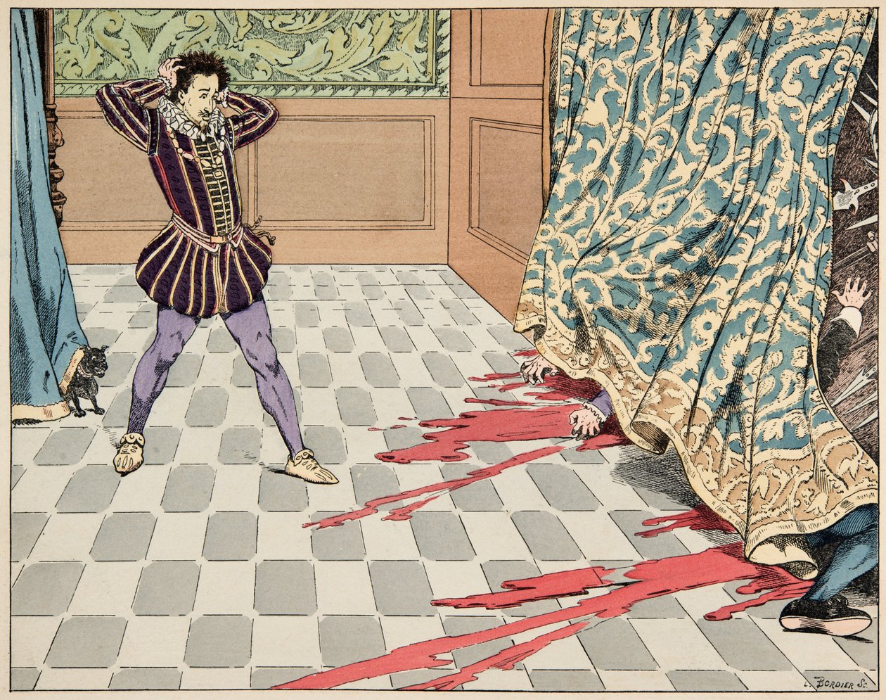 Ilustração do livro "Le bon roy Henri", ilustrado por Jacques Marie Gaston Onfray de Breville dit JOB (1858-1931): No dia de Saint Barthelemy, seus dois amigos, Segur e La Rochefoucauld, são egorges diante de seus olhos - Coleção particular de pseudonym for Onfray de Breville Jacques Job