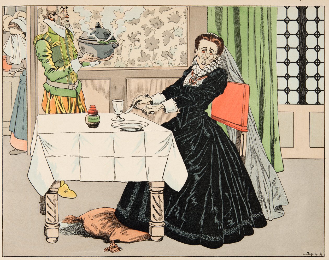 Ilustração do livro "Le bon roy Henri", ilustrado por Jacques Marie Gaston Onfray de Breville dit JOB (1858-1931): Uma mãe comeu seu filho durante o cerco de Paris - Coleção particular de pseudonym for Onfray de Breville Jacques Job