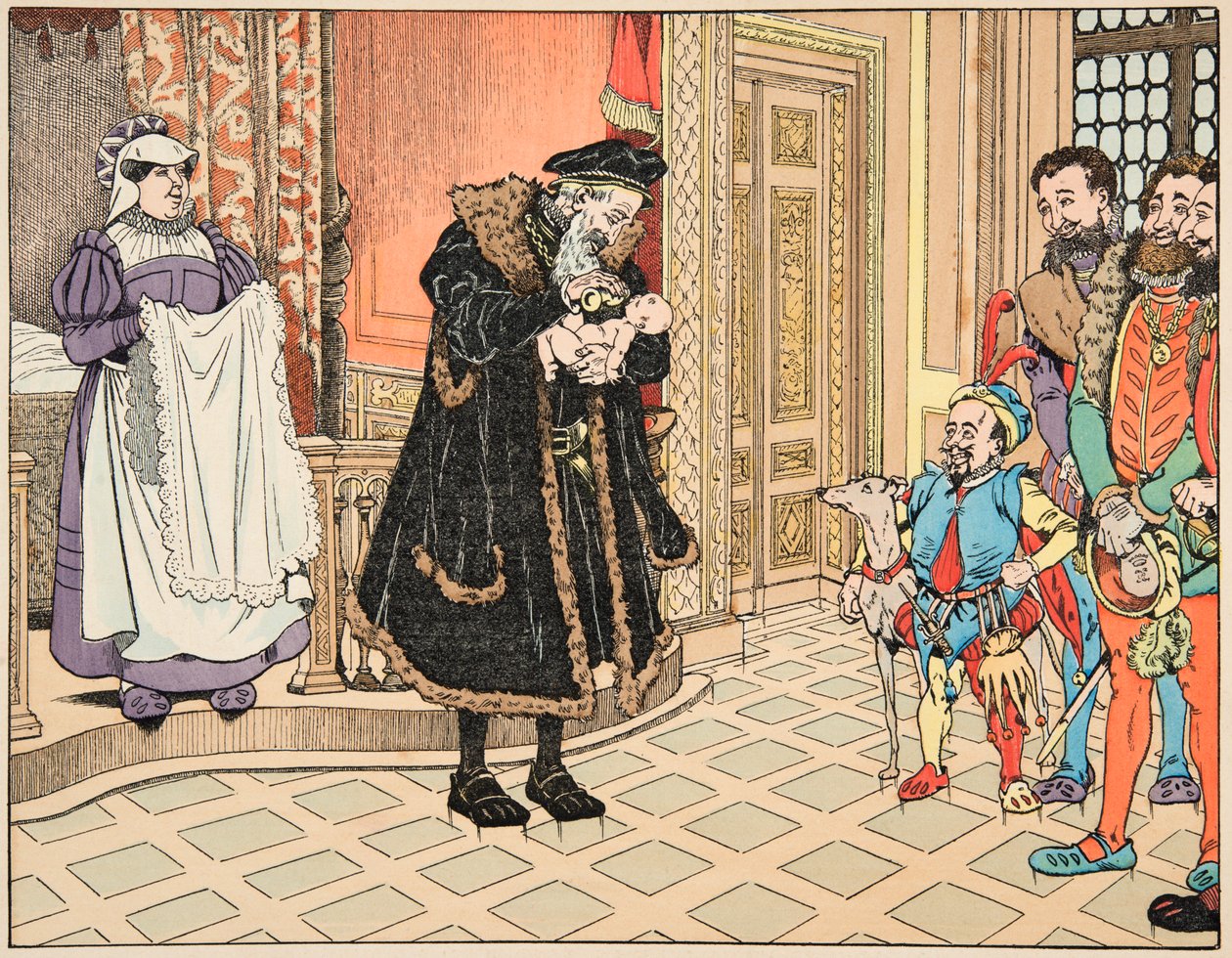 Ilustração do livro "Le bon roy Henri", ilustrado por Jacques Marie Gaston Onfray de Breville dit JOB (1858-1931): Nascimento de Henri IV, seu avô, Henri d