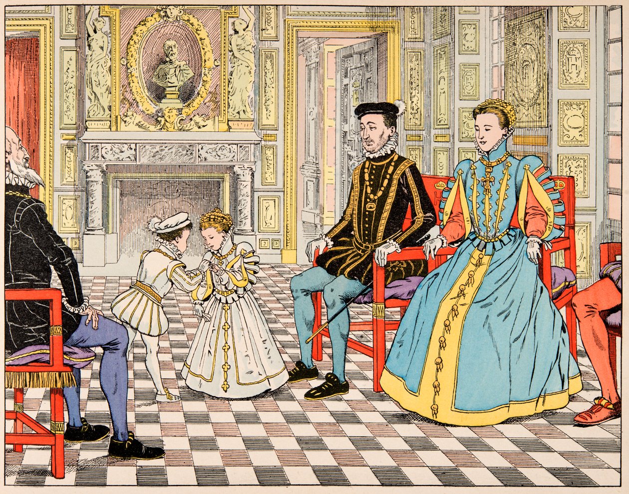 Ilustração do livro "Le bon roy Henri", ilustrado por Jacques Marie Gaston Onfray de Breville dit JOB (1858-1931): Antoine de Bourbon levou-o a Paris e apresentou-o ao seu primo Henri II, que lhe ofereceu a mão da sua filha Marguerite de de pseudonym for Onfray de Breville Jacques Job