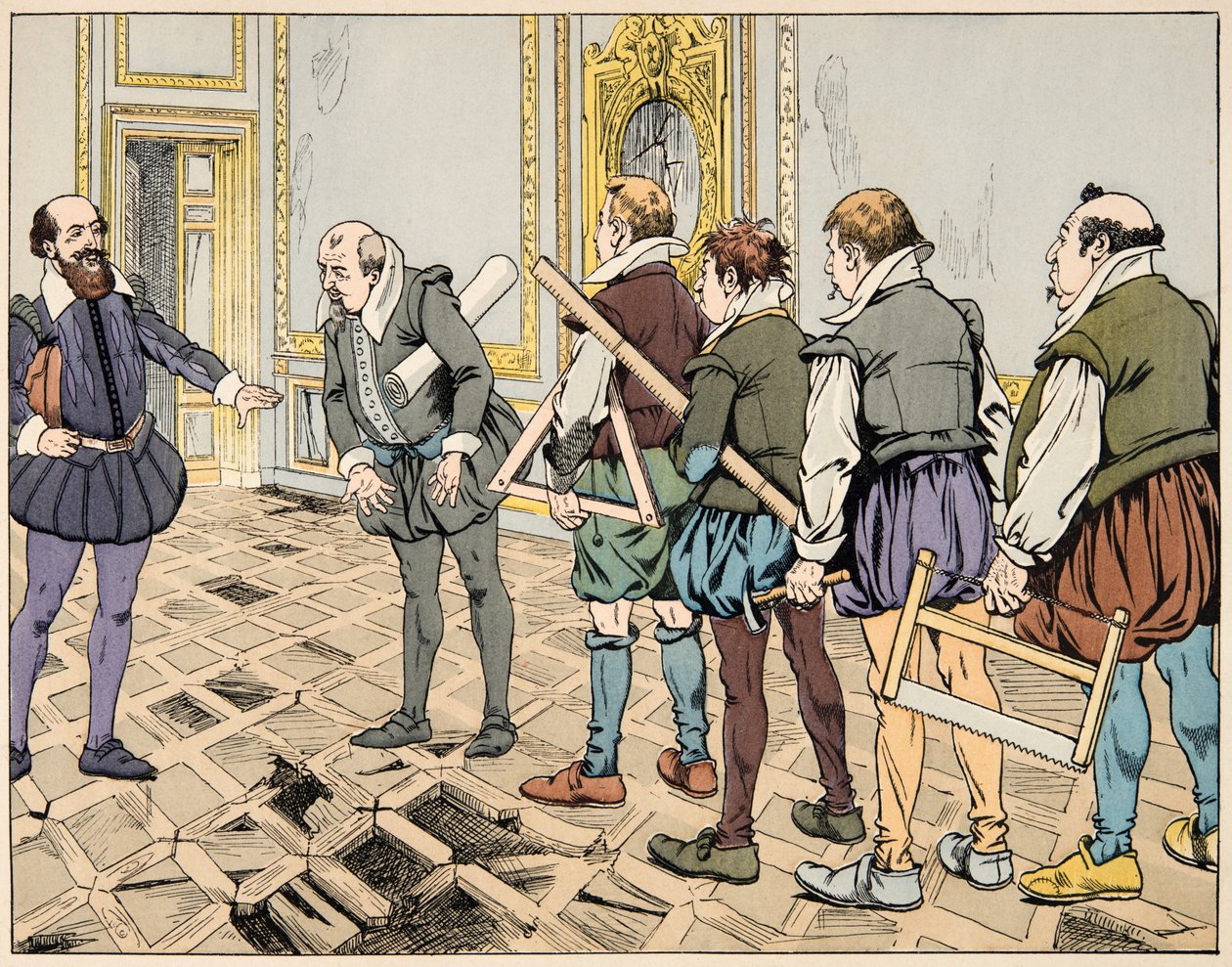 Ilustração do livro "Le bon roy Henri", ilustrado por Jacques Marie Gaston Onfray de Breville dit JOB (1858-1931): Sully (Maximilian de Bethune) mostra uma economia severa - Coleção privada de pseudonym for Onfray de Breville Jacques Job