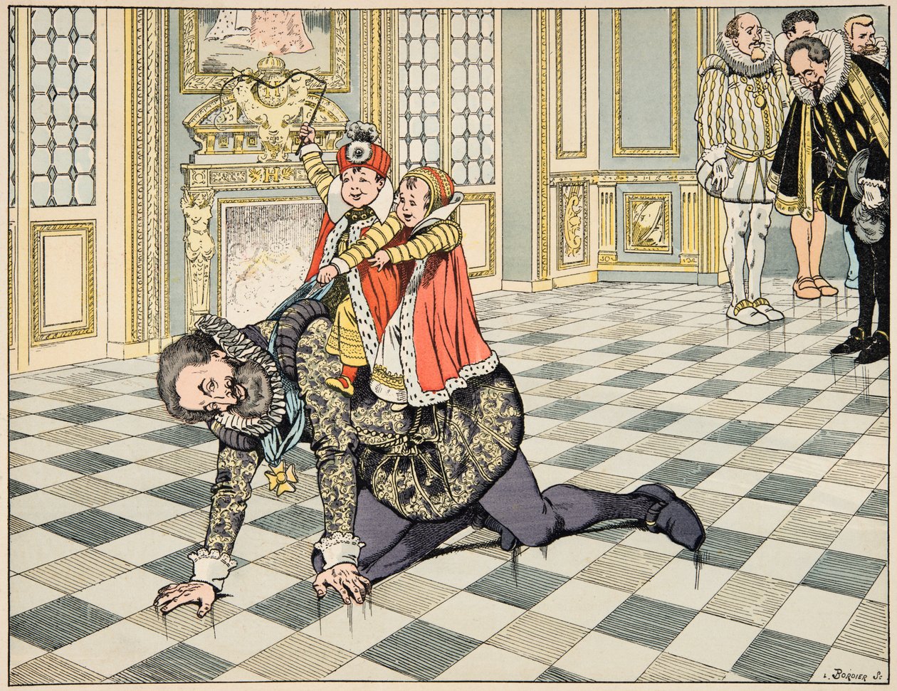 Ilustração do livro "Le bon roy Henri", ilustrado por Jacques Marie Gaston Onfray de Breville dit JOB (1858-1931): Diante do embaixador espanhol, Henri IV brinca com seus filhos - Coleção particular de pseudonym for Onfray de Breville Jacques Job