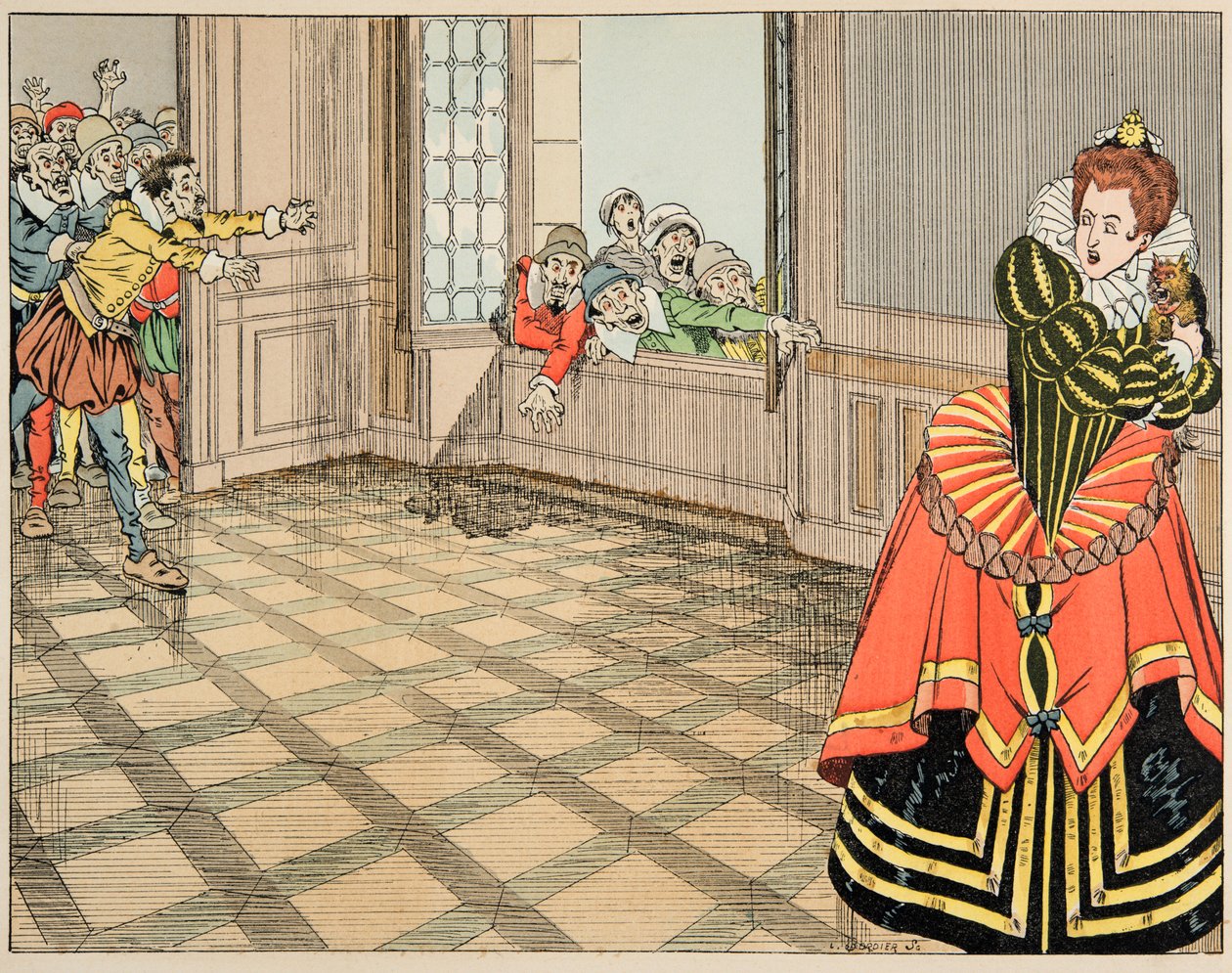 Ilustração do livro "Le bon roy Henri", ilustrado por Jacques Marie Gaston Onfray de Breville dit JOB (1858-1931): A Duquesa de Montpensier (Catherine de Lorraine de pseudonym for Onfray de Breville Jacques Job