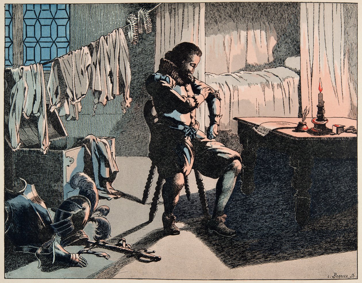 Ilustração do livro "Le bon roy Henri", ilustrado por Jacques Marie Gaston Onfray de Breville dit JOB (1858-1931): Em 1589, Henrique tornou-se rei da França, mas sem dinheiro - Colecção privada de pseudonym for Onfray de Breville Jacques Job
