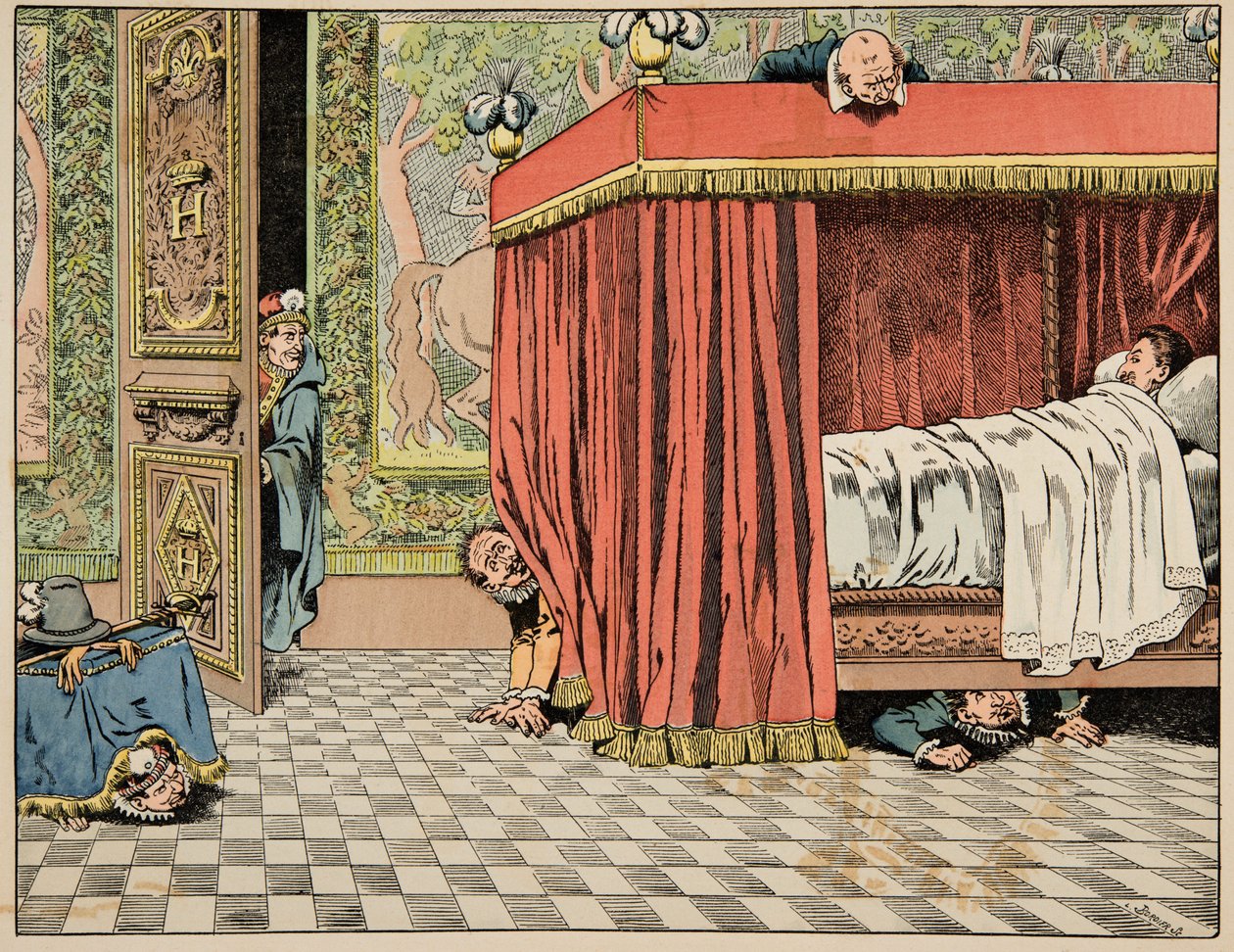 Ilustração do livro "Le bon roy Henri", ilustrado por Jacques Marie Gaston Onfray de Breville dit JOB (1858-1931): Henri IV a viver em Paris sob o olhar dos espiões - Colecção privada de pseudonym for Onfray de Breville Jacques Job