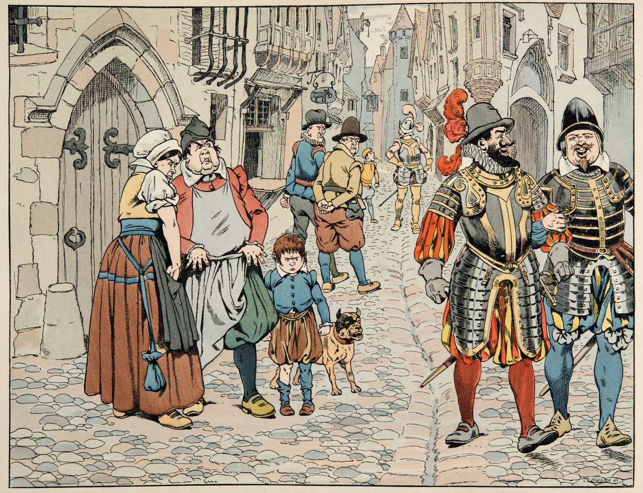 Ilustração retirada do livro "Le bon roy Henri", ilustrado por Jacques Marie Gaston Onfray de Breville dit JOB (1858-1931): Os parisienses vêem com maus olhos as tropas estrangeiras que vêm para os ajudar - Colecção privada de pseudonym for Onfray de Breville Jacques Job